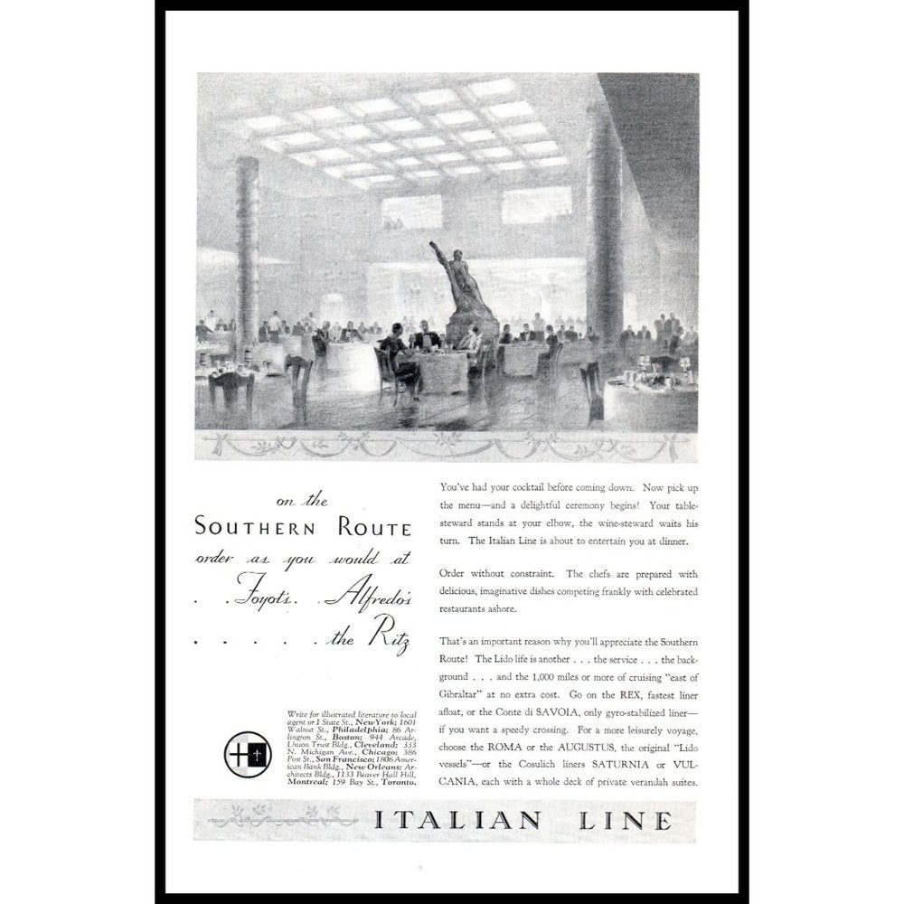 1934 Italian Line Ocean Liner Cruise Ship Banquet Vintage Print Ad Wall Art